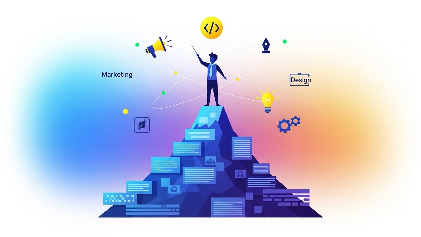 데이터와 코드의 산 정상에서 다양한 비즈니스 역량을 조율하는 슈퍼 개인을 상징하는 벡터 그래픽