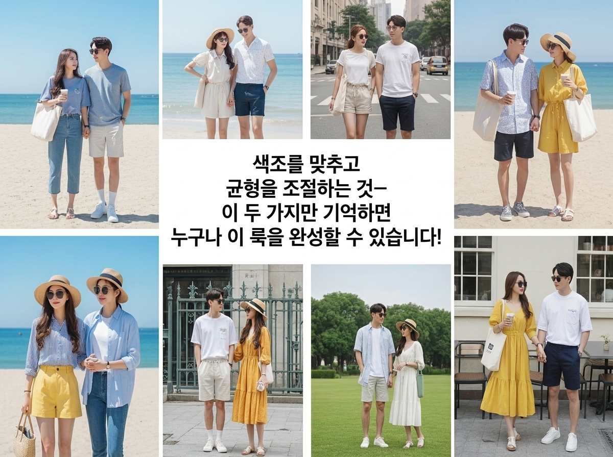 다양한 커플룩 코디 예시를 모아둔 콜라주 이미지
내용: 컬러 톤 맞추기와 밸런스 조절, 이 두 가지만 기억하면 누구나 완성 가능!