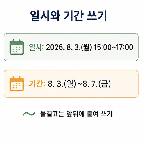 공문서 일시와 기간 작성 예시, 요일과 시각을 붙인 일시 표기와 물결표로 이은 기간 표기를 보여 주는 그림