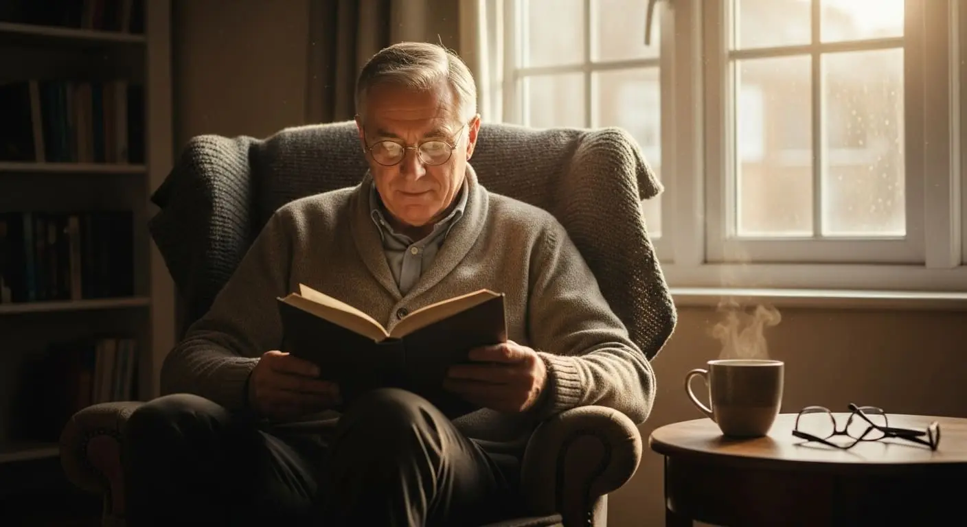 60대 남성이 안락의자에 앉아 책을 읽으며 집중하는 모습. 차분하고 지적인 분위기가 느껴진다.