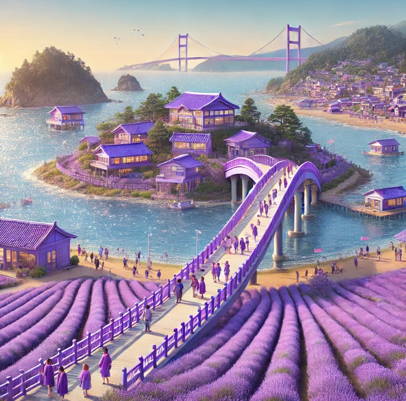 보라색깔로 가옥과 다리 들이 색칠되어 있는 여행지