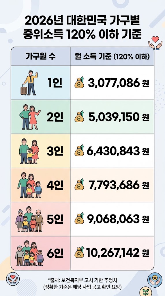 2026년 가구원 수별 중위소득 120% 기준표