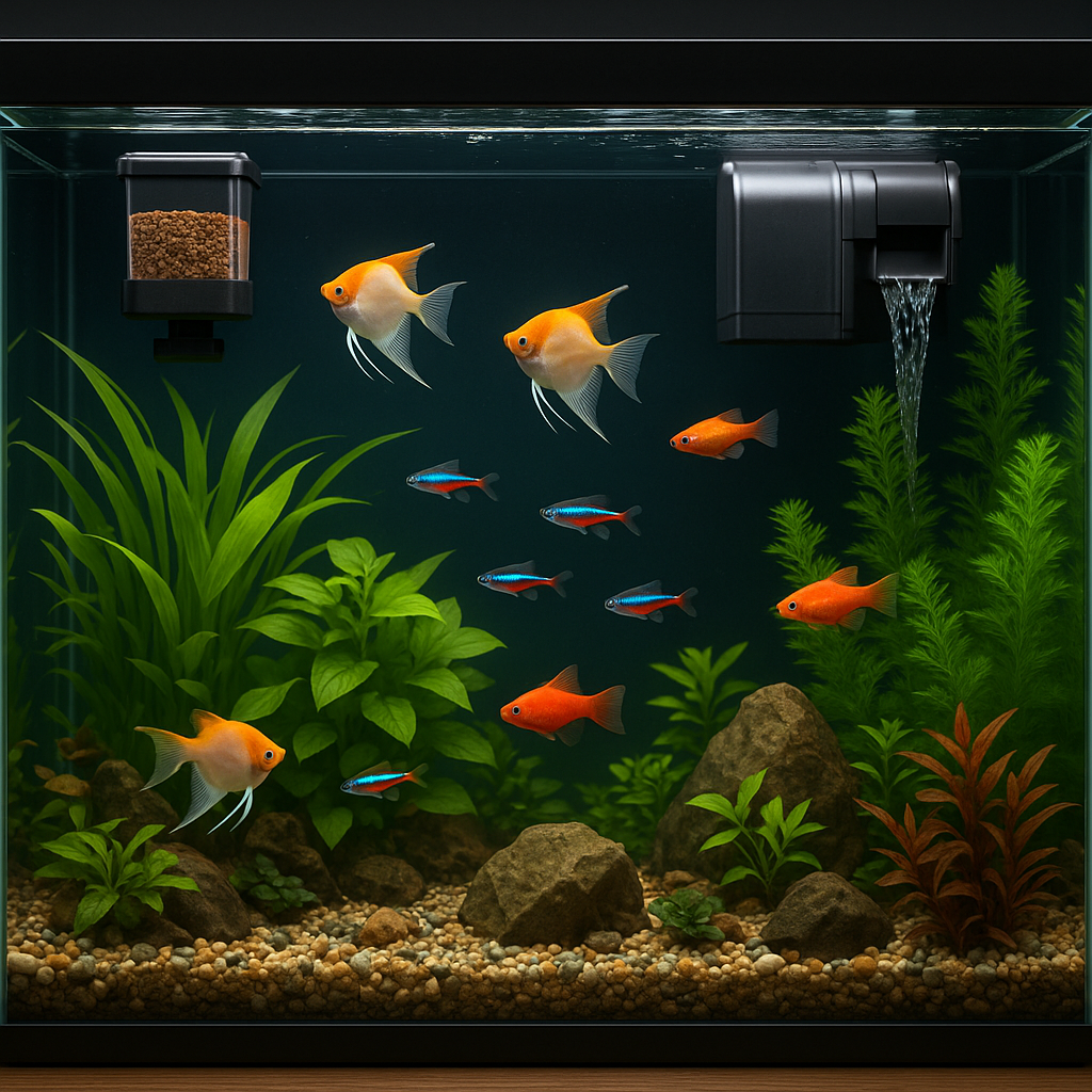자동 먹이 급여기와 타이머가 설치된 열대어 수조가 깨끗하게 관리되고 있으며, 여러 종류의 열대어가 건강하게 헤엄치고 있는 모습