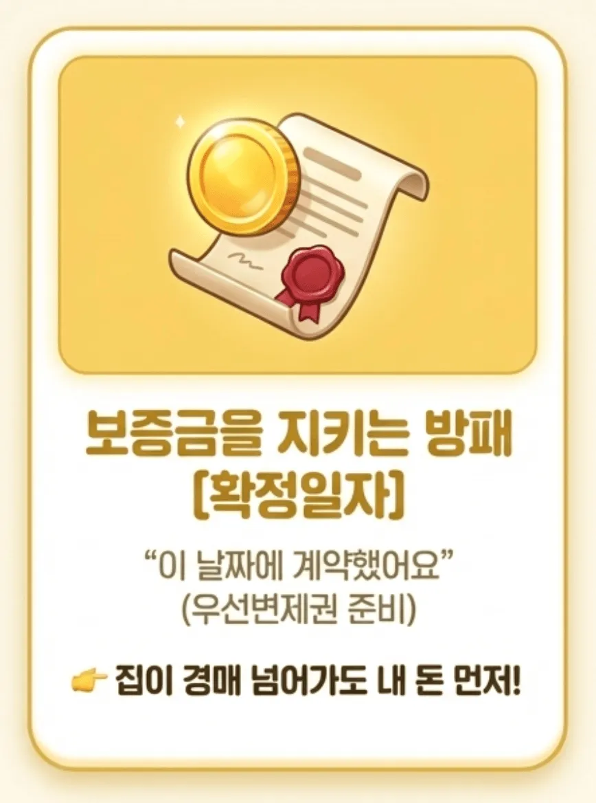 전세보증금 반환: 금화와 붉은 인장이 찍힌 계약서 일러스트를 통해 확정일자의 역할을 설명하는 이미지입니다. 확정일자는 '보증금을 지키는 방패'로서, 해당 날짜에 계약했음을 증명하여 우선변제권을 준비하는 과정임을 설명합니다. 집이 경매에 넘어가더라도 내 보증금을 먼저 돌려받을 수 있게 해주는 핵심 장치임을 강조하고 있습니다.