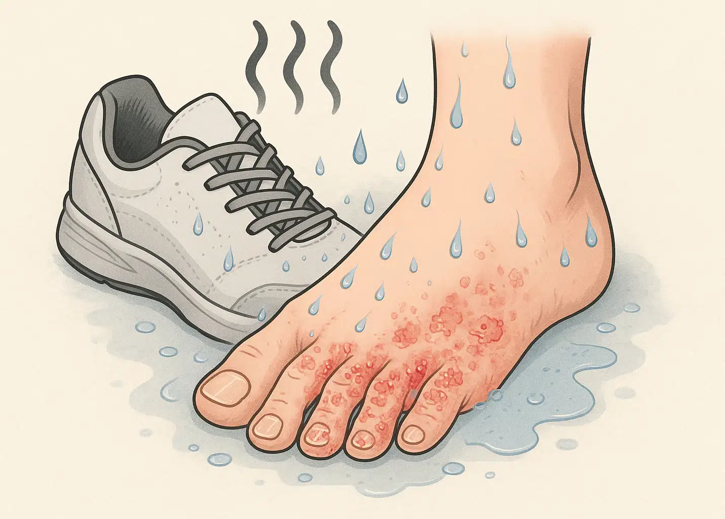 장시간 신은 운동화 속에서 발에 땀이 고이는 모습, 발가락 사이에 생긴 피부염이나 무좀