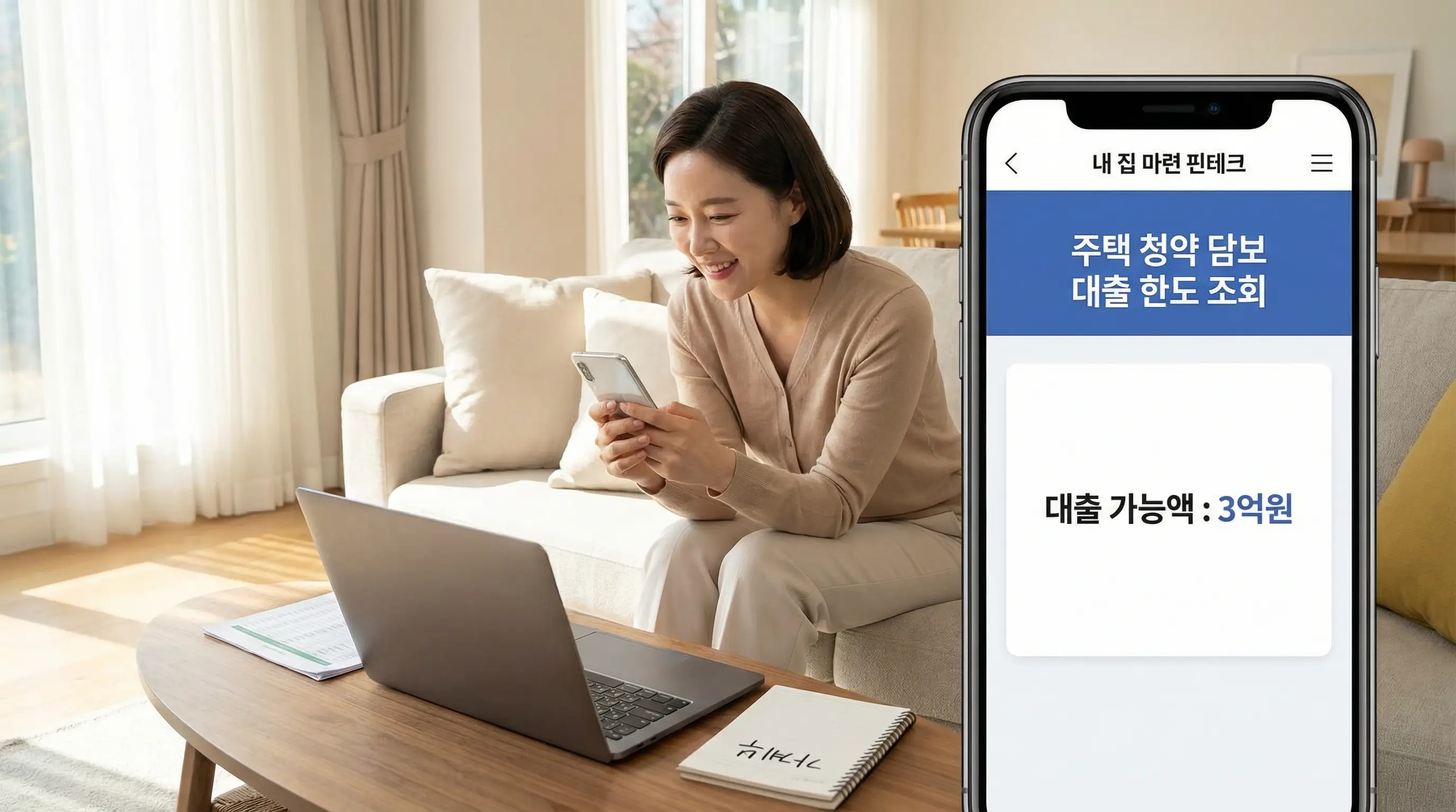 스마트폰 앱으로 주택 청약 담보 대출 한도를 간편하게 조회하고 위기를 극복하는 현명한 소비자의 모습