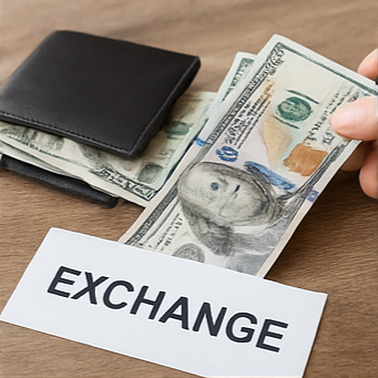 베트남 여행 환전 장면으로&amp;#44; 손에 든 베트남 동과 미국 달러 지폐&amp;#44; 검은 지갑&amp;#44; 계산기&amp;#44; &amp;#39;EXCHANGE&amp;#39; 문구가 포함된 환전 상황을 보여주는 고해상도 사진