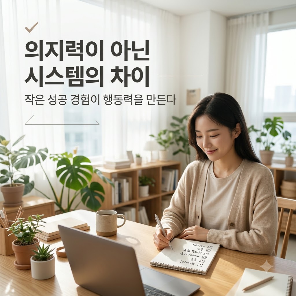 작은 행동을 성공적으로 수행한 후 성취감을 느끼며 행동 시스템을 안착시키는 긍정적인 모습을 표현한 이미지