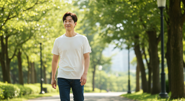 공원에서 햇살을 받으며 산책하는 한국인 남성