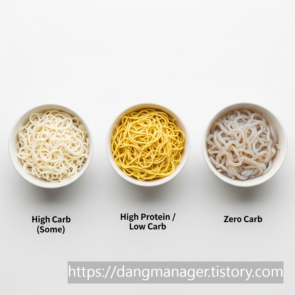 일반 소면과, 두부면, 곤약면을 나란히 놓고 비교하는 이미지