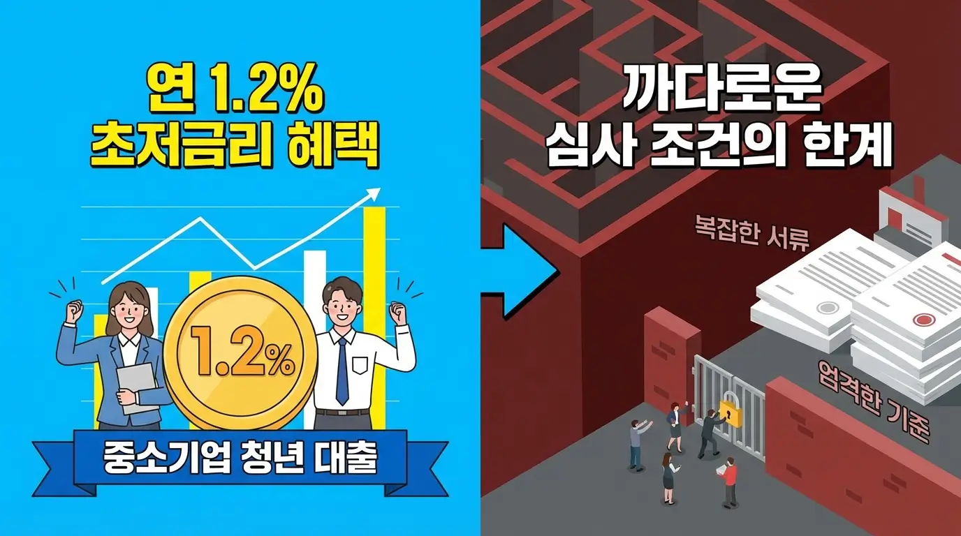 중소기업 청년 대출의 연 1.2% 초저금리 혜택과 까다로운 심사 조건의 한계를 보여주는 인포그래픽