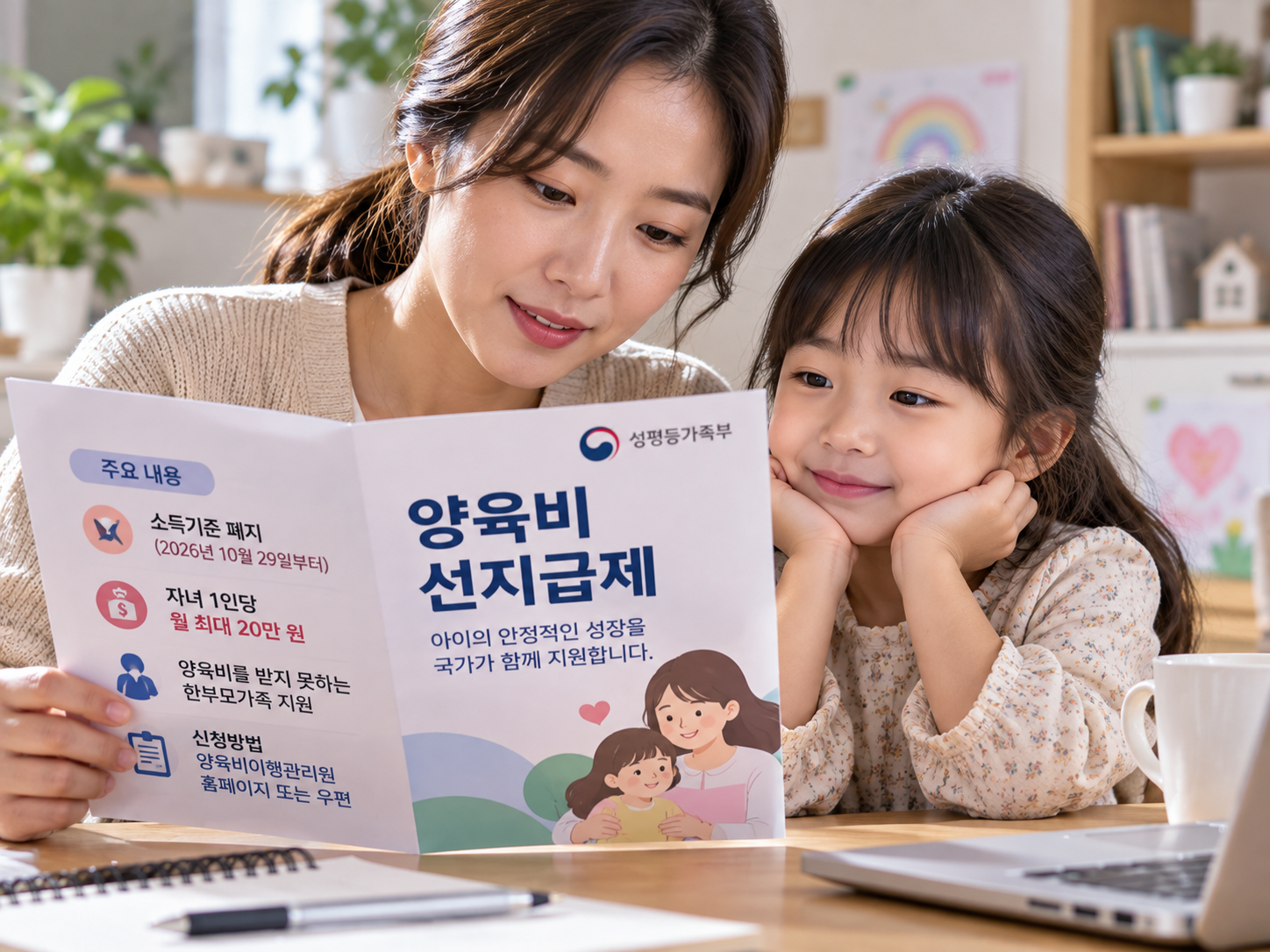 양육비 선지급제 안내문을 확인하는 한부모의 예시 이미지