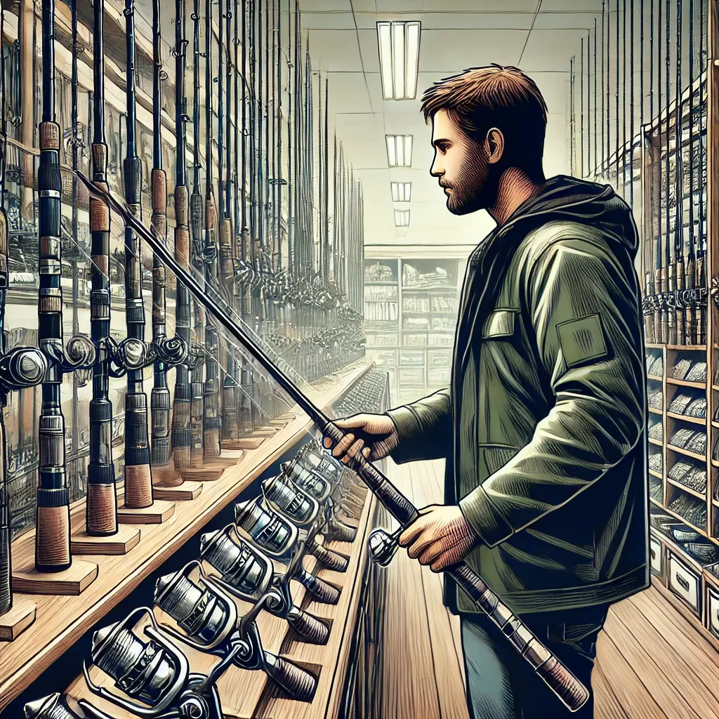 낚시용품 매장에서 낚싯대를 고르는 모습