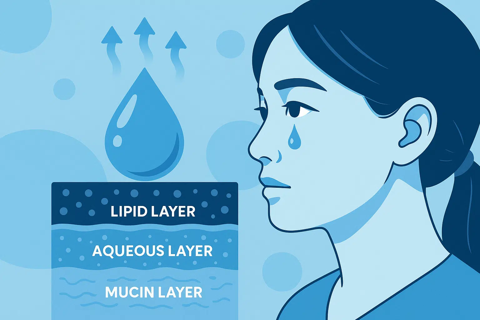눈물층 3단 구조(지방층, 수성층, 점액층), 눈물 증발 과정