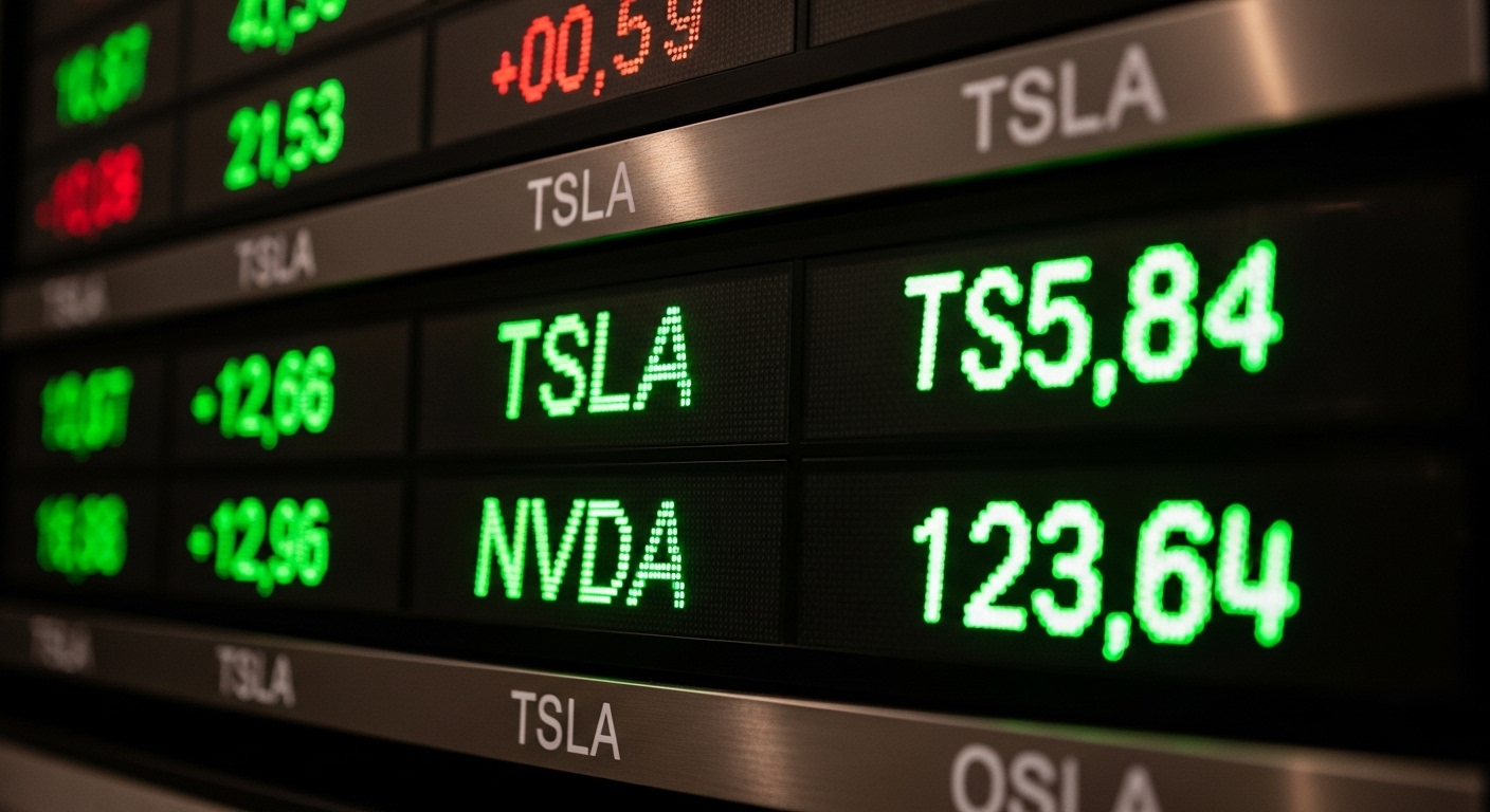 Close-up shot of a stock ticker board with Tesla (TSLA) and Nvidia (NVDA) rising figures glowing brightly in green.