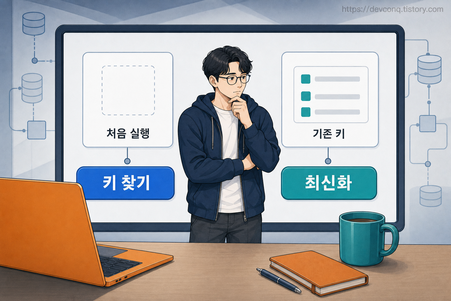 첫 실행과 기존 키 상태에 맞춰 두 버튼 중 하나를 고르는 고정 2D 남성 개발자