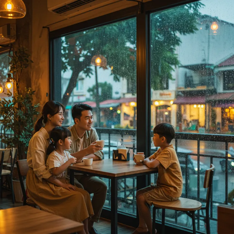 광광중 스콜을 피해 카페애 들어가 잠시 휴식하며 이야기 나누는 가족 이미지