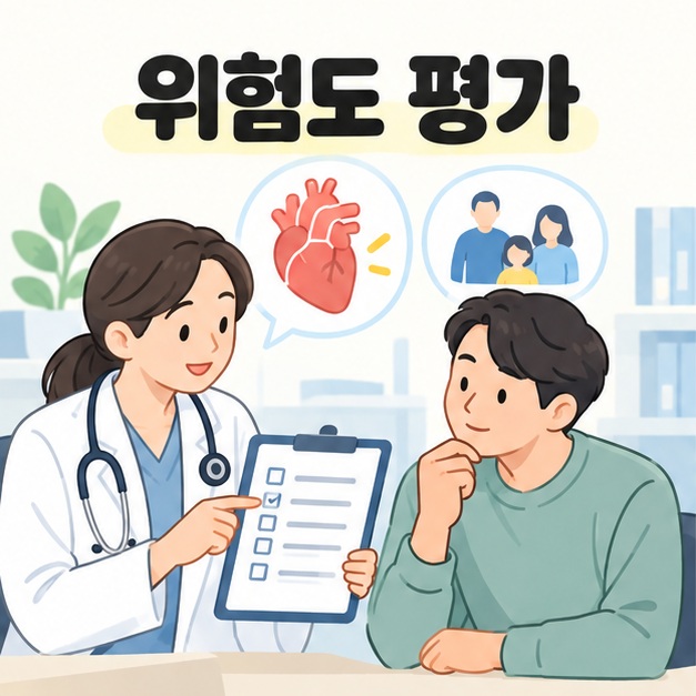 의료진과 질환 및 가족력을 살피며 심혈관 위험도를 상담하는 그림