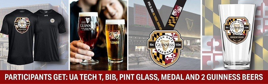 Pints for Patapsco 2025 참가자 혜택: Under Armour 티셔츠, 러닝 번호표(BIB), 파인트 글라스, 완주 메달, Guinness 맥주 2잔