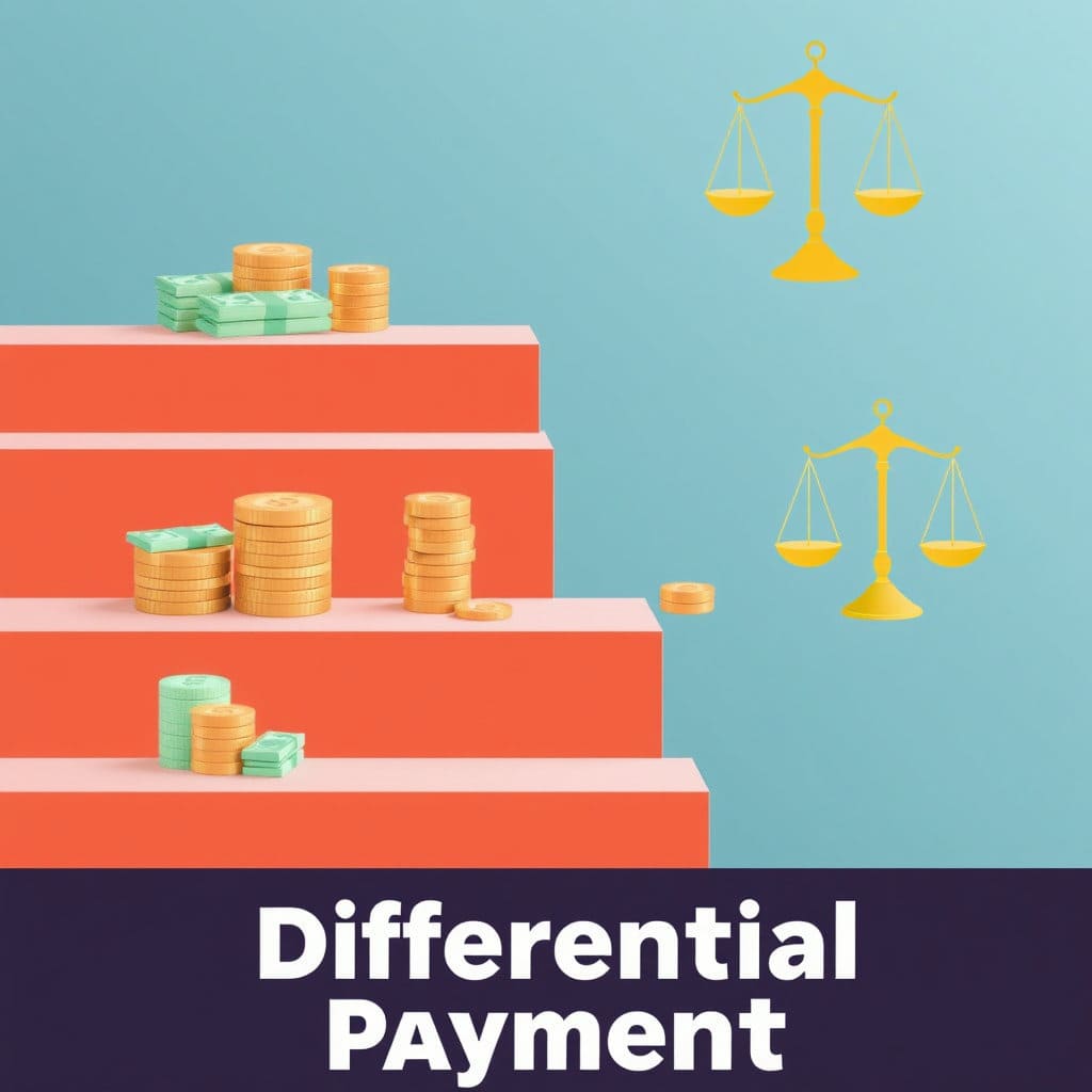 높이가 다른 계단이나 막대 그래프 형태로 소득 수준을 표현하고, 각 단계별로 다른 금액의 돈이나 지원 상징을 배치합니다. (예: 낮은 소득 단계에는 더 많은 돈, 높은 소득 단계에는 적은 돈) '차등 지급'의 개념을 명확히 보여주며, 공정성을 강조하는 디자인 요소를 추가합니다.