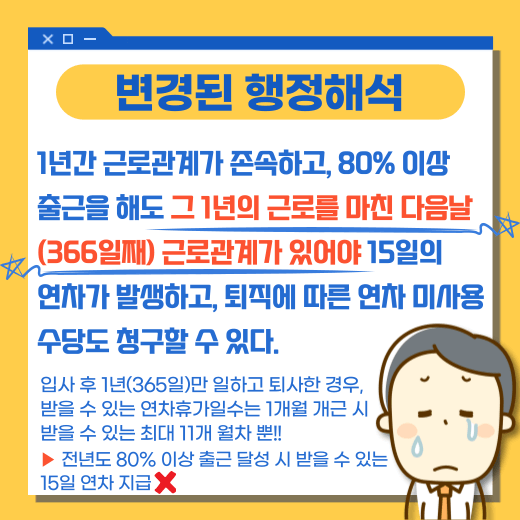 1년-이상-근속기간-근로자-변경-근로기준법-연차-월차-발생-기준-안내