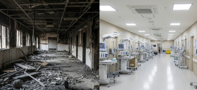 병원 건물 화재 복구 전후