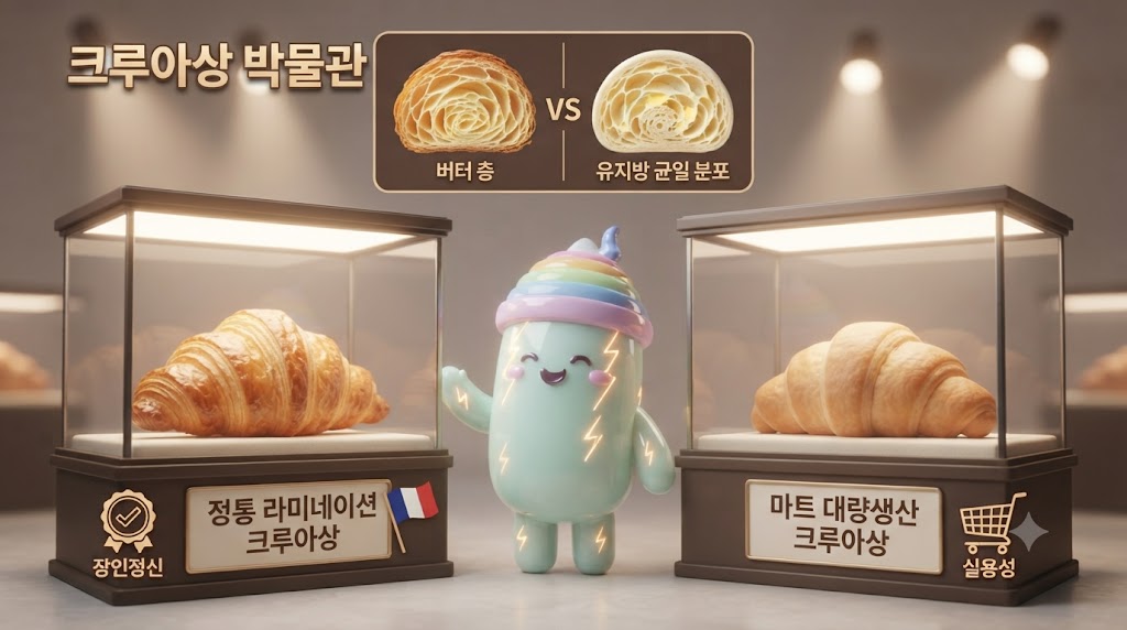 3D 쫀쿠가 '크루아상 박물관'의 전시물 두 개를 비교하고 있습니다. 왼쪽에는 층이 살아있고 버터 풍미가 가득한 '정통 크루아상'이 장인정신을 상징하는 아이콘과 함께 전시되어 있습니다. 오른쪽에는 봉지째 진열된, 층이 뭉개져 있지만 샌드위치로 만들기 좋은 '마트 크루아상'이 실용성을 상징하는 아이콘과 함께 놓여 있습니다.