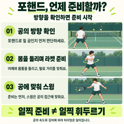 포핸드 준비가 늦다면, 공이 튄 뒤에 라켓을 빼고 있지는 않나요?