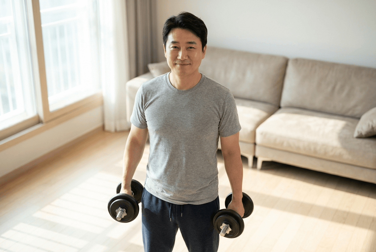 40대 남성이 집 거실에서 아령을 들고 홈트레이닝을 시작하는 모습