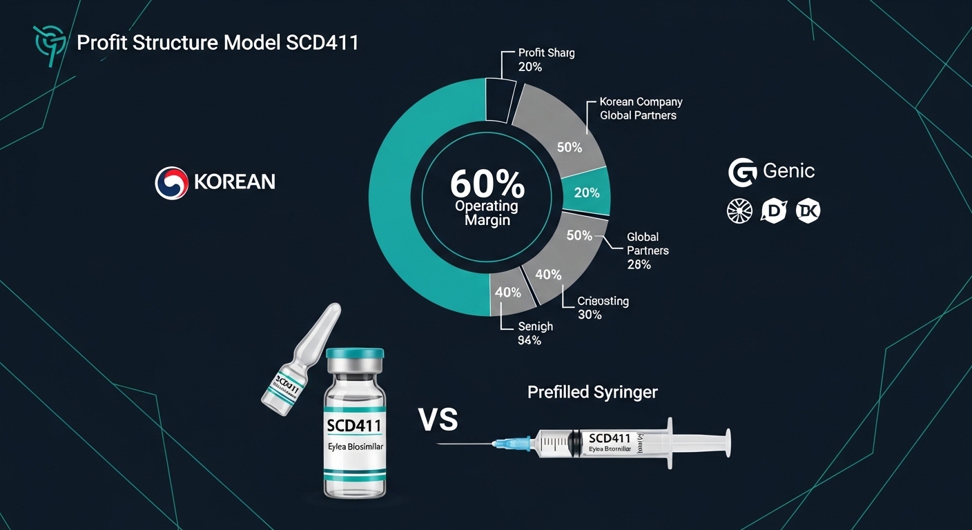 Eylea biosimilar SCD411 profit structure visualization showing 60 percent operating margin pharmaceutical profit sharing model between Korean company and global partners, medical vial and prefilled syringe comparison, dark navy teal accent professional style 169