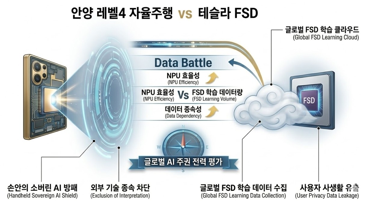 안양시 레벨 4 자율주행 버스와 테슬라 FSD AI 기술력 비교 인포그래픽 대결