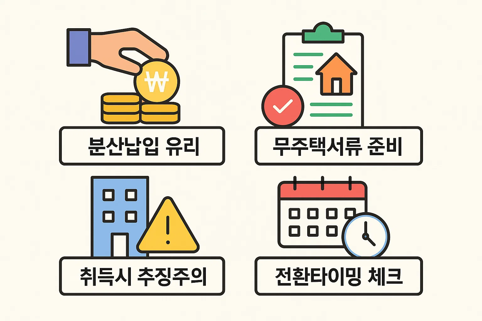 청년주택드림 청약통장 절세계획 핵심TIP 인포그래픽으로, 분산납입 유리&middot;무주택서류 준비&middot;취득시 추징주의&middot;전환타이밍 체크 등 절세 실전전략을 시각적으로 정리한 이미지.