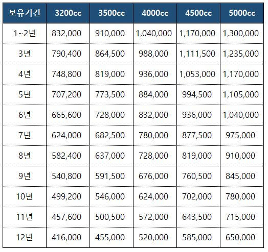 대형 자동차 세금표