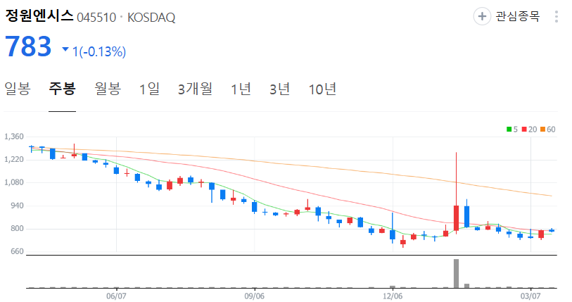 정원엔시스-주가-주봉