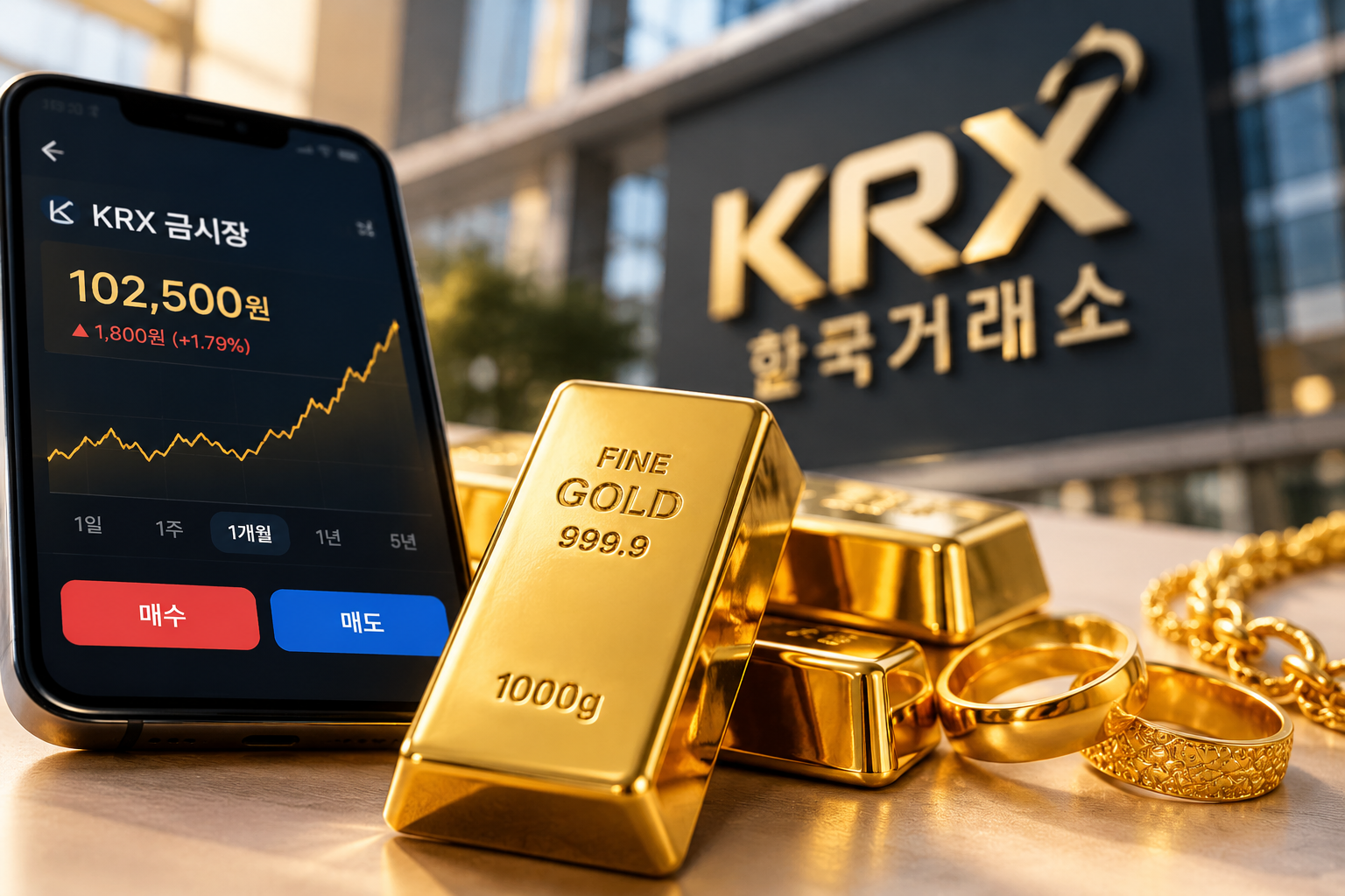 금은방의 금 장신구와 KRX 금시장의 골드바·모바일 거래 화면이미지
