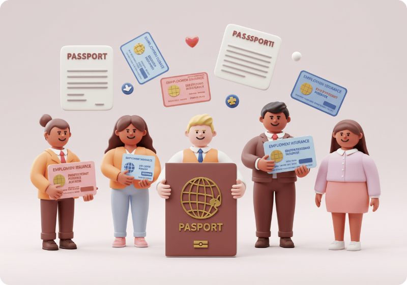 여권과 고용보험 카드를 들고 있는 다양한 국적의 외국인 근로자들을 표현한 3D 아이콘 일러스트로, 외국인도 실업급여를 받을 수 있음을 시각적으로 전달하는 이미지