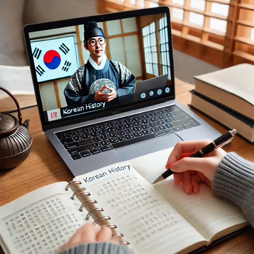 노트북에서 온라인 강의를 시청하며 노트에 필기하고 있는 학생. 집중적인 학습 환경과 체계적인 강의 시청 모습