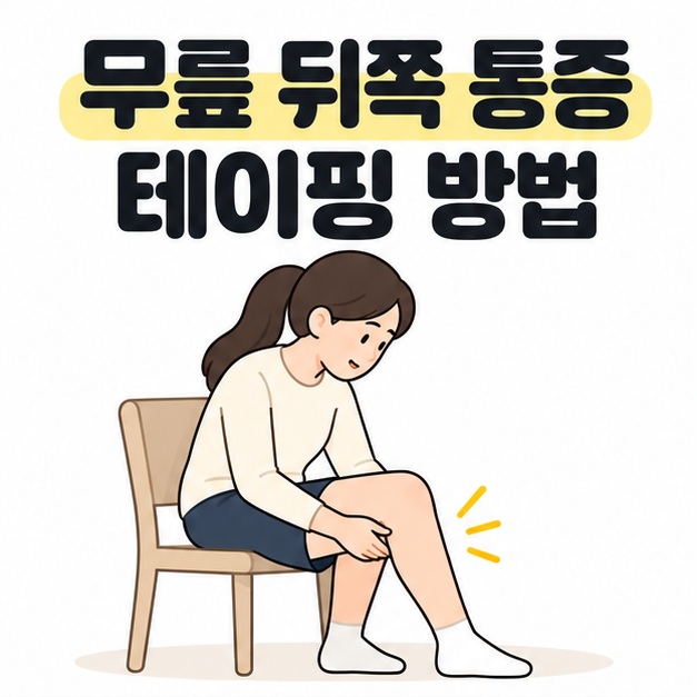 무릎 뒤쪽 통증 테이핑 방법 제목 아래 의자에 앉은 사람이 무릎 주변을 손으로 살피는 모습