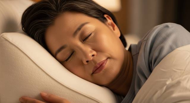 쐐기형 역류방지 베개를 사용해 왼쪽으로 수면하는 이미지