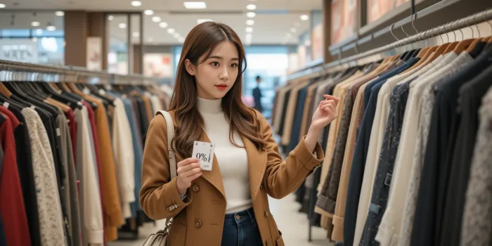 백화점 시즌오프 세일에서 할인 태그를 확인하는 여성 모습