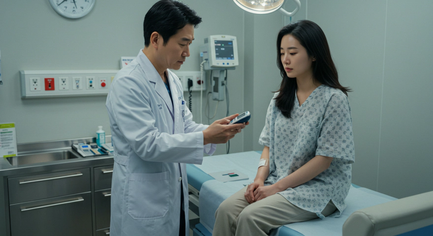 병원에서 혈당 측정을 받는 한국인 여성