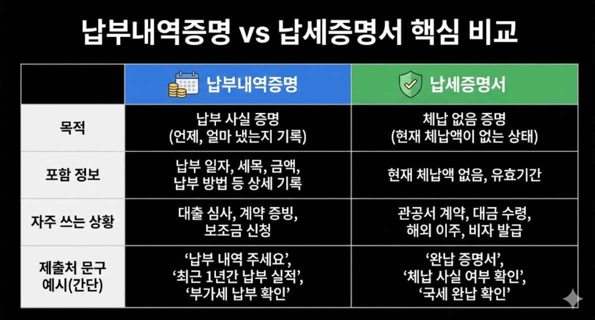 납부내역증명과 납세증명서 차이점