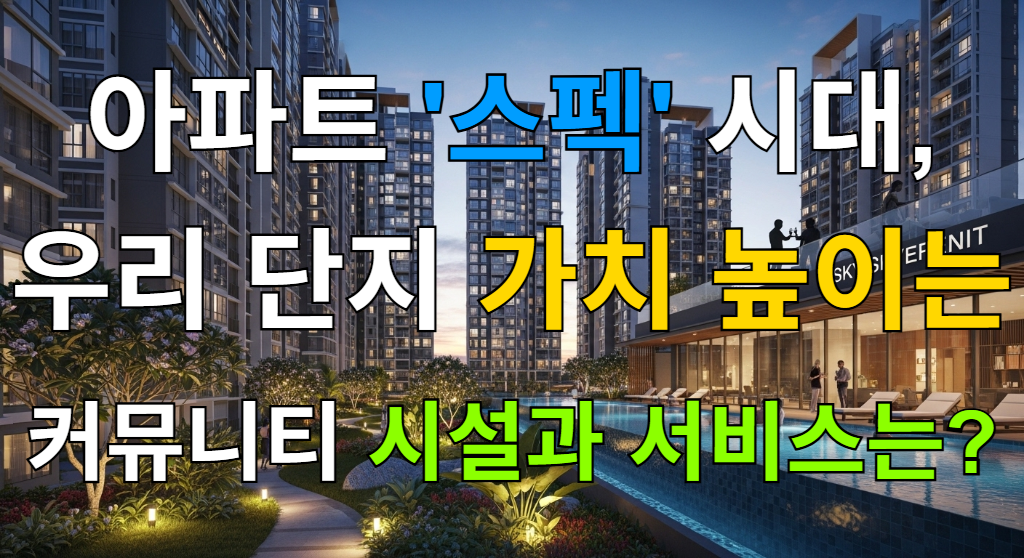 해질녘, 고급스럽고 현대적인 아파트 단지의 전경. 아름다운 조경과 조명이 어우러진 정원과 스카이 라운지, 수영장 등 커뮤니티 시설을 즐기는 입주민들의 모습이 보인다.