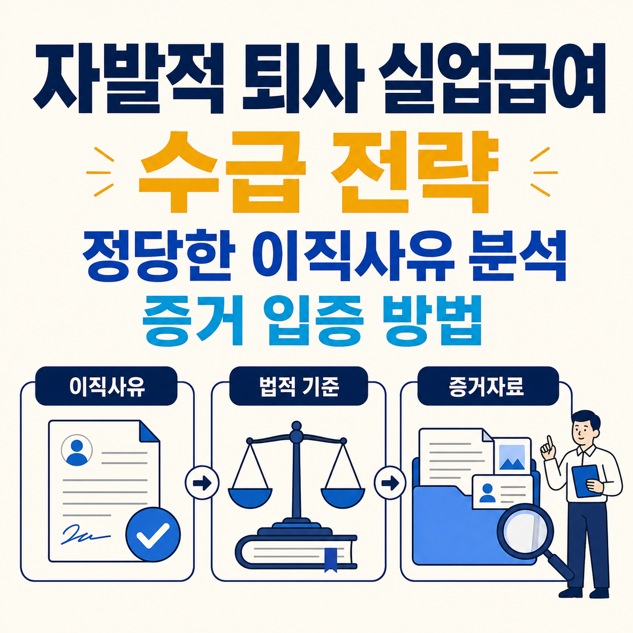 자발적 퇴사 실업급여의 정당한 이직사유와 법적 기준, 증거자료 입증 방법을 정리한 인포그래픽