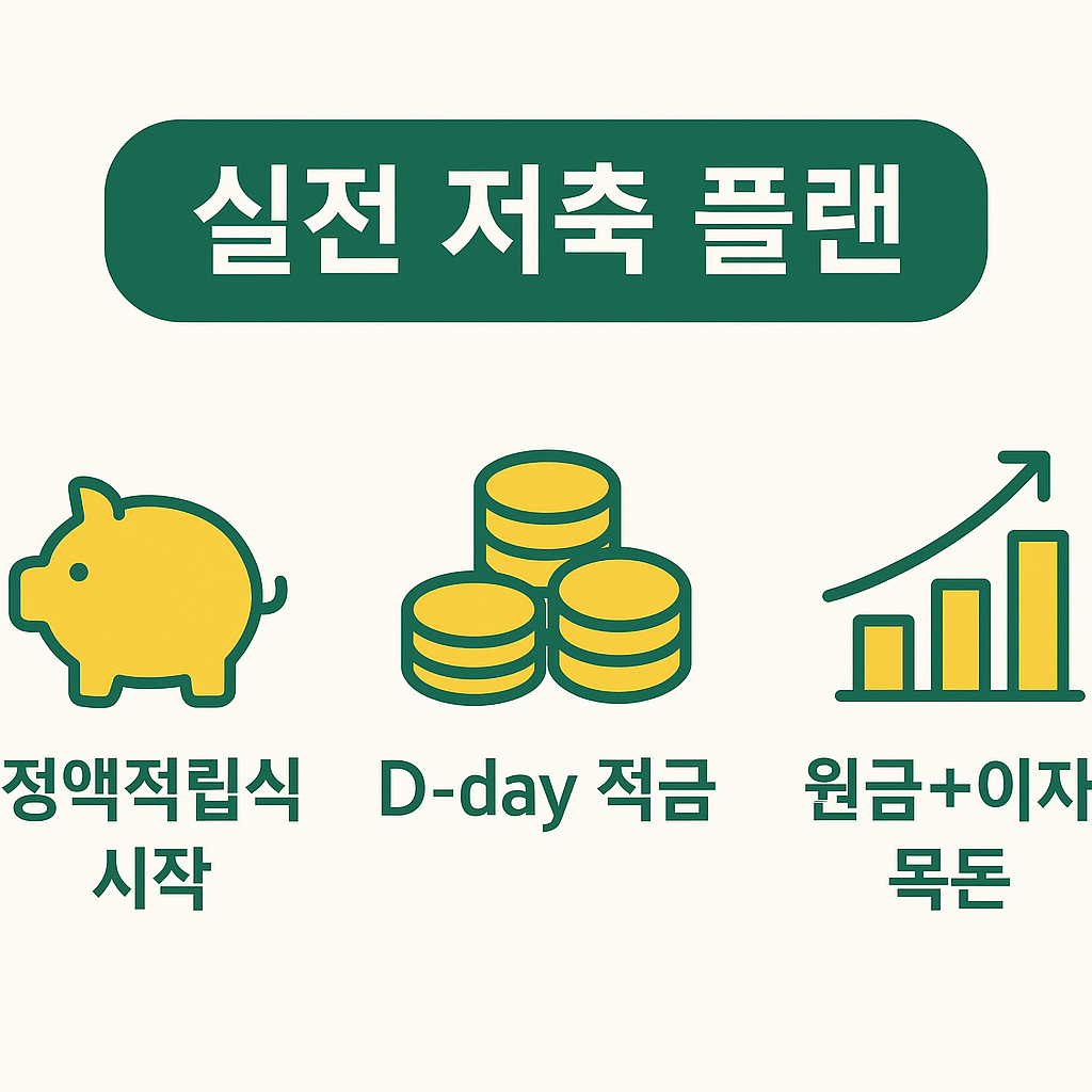 기업은행 적금을 활용한 저축 전략으로 정액적립식 시작, D-day 적금 활용, 원금과 이자를 통한 목돈 마련 방법을 설명한 이미지입니다.