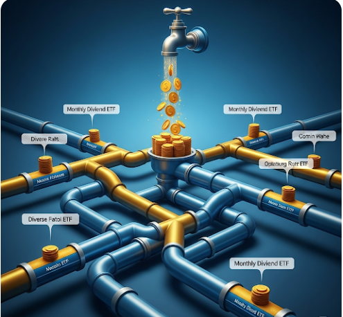 수도꼭지에서 돈이 떨어지는 파이프라인이 여러 갈래로 연결되어 월배당 ETF 현금 흐름을 상징하는 이미지