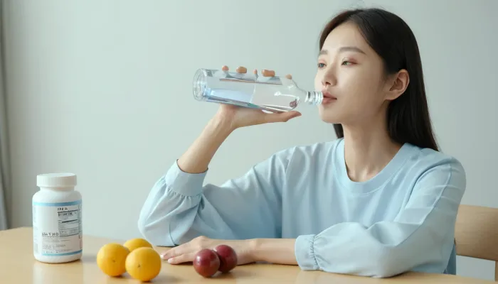 물과 함께 면역력 높이는 영양제를 섭취하는 모습