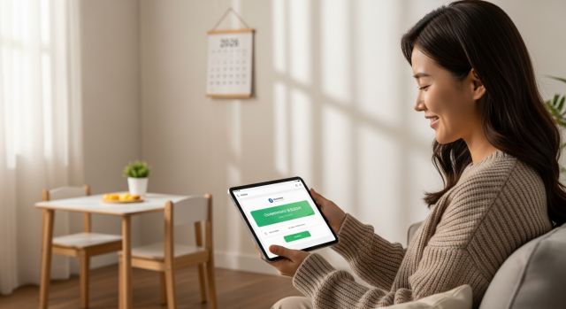 2026년 정부 육아 지원금을 모바일 앱으로 확인하는 부모의 모습