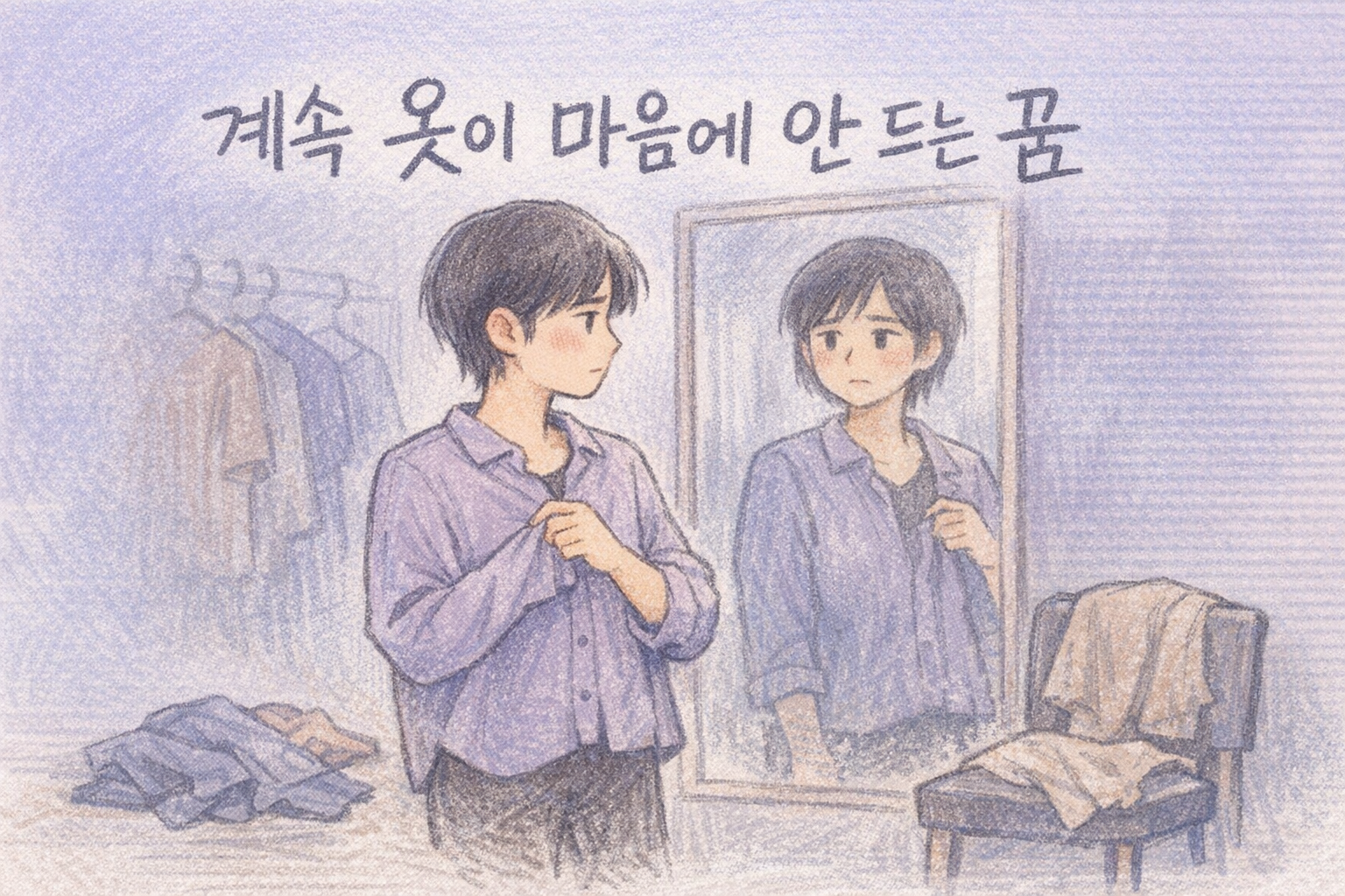 거울 앞에서 옷이 마음에 들지 않아 고민하는 모습의 색연필 꿈해몽 썸네일