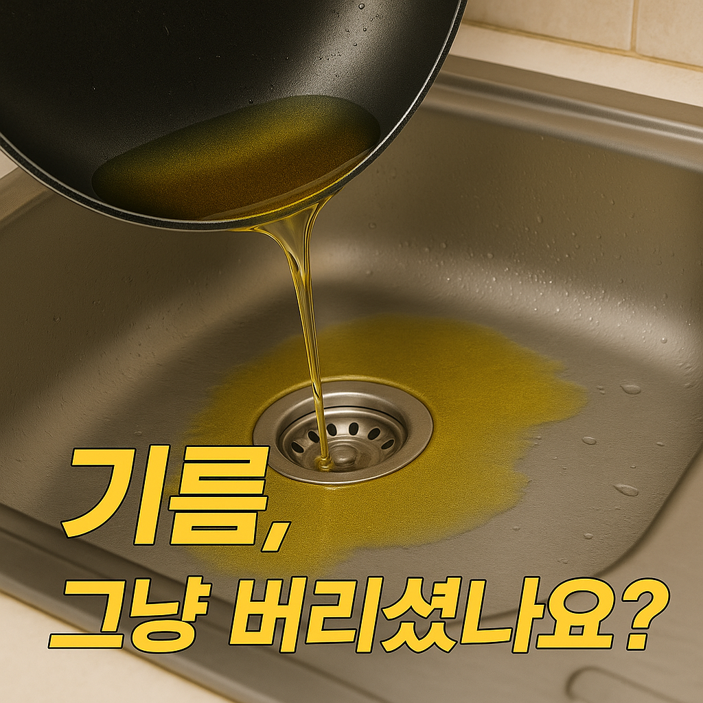 싱크대 배수관에 쓰다 남은 기름 버리는 사진